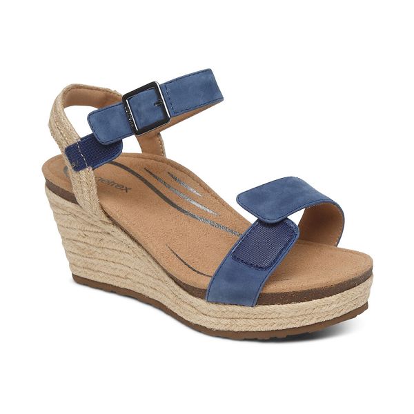 Aetrex Women's Sydney Quarter Strap Espadrille Wedge Sandals Blue Sandals UK 6753-807